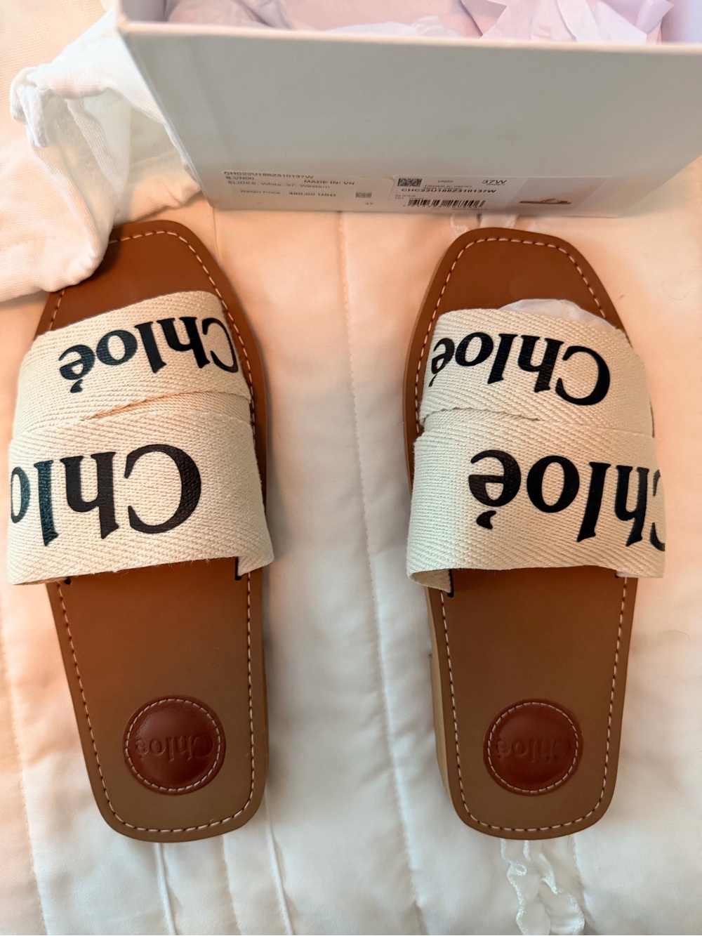 NWT Chloe Woody Canvas Logo Slide Sandals in Natural, Size 37